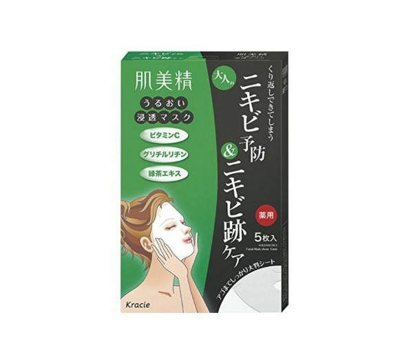 HADABISEI MOISTURE PENETRATION MASK ACNE  Kracie肌美精绿茶VC面膜  祛痘控油补水淡印5片